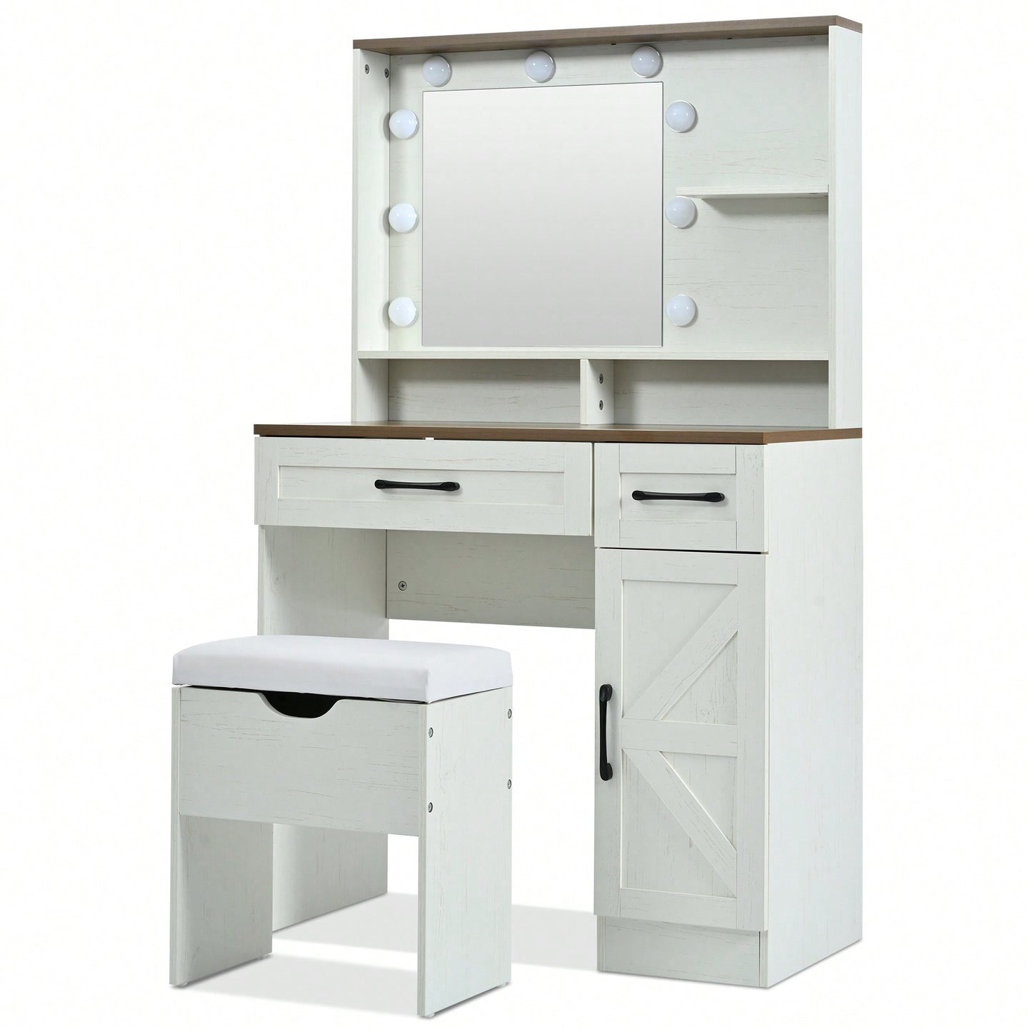 Elegant Makeup Vanity Desk With Mirror And LED Lights, 3 Lighting Modes, Dressing Table With Adjustable Shelves,  White Finish