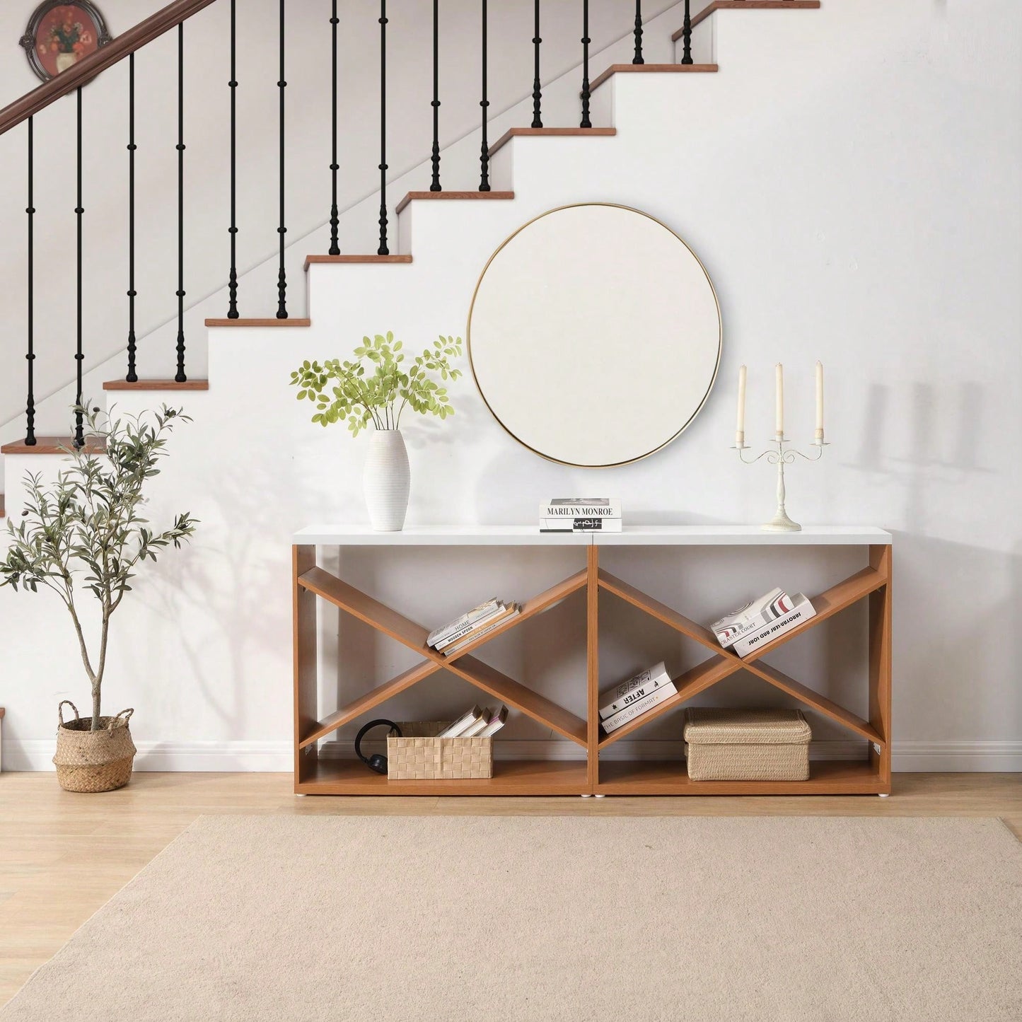 Extra Long X Shape Farmhouse Console Table With Storage For Entryway Living Room Foyer Hallway White 70.87 Inch