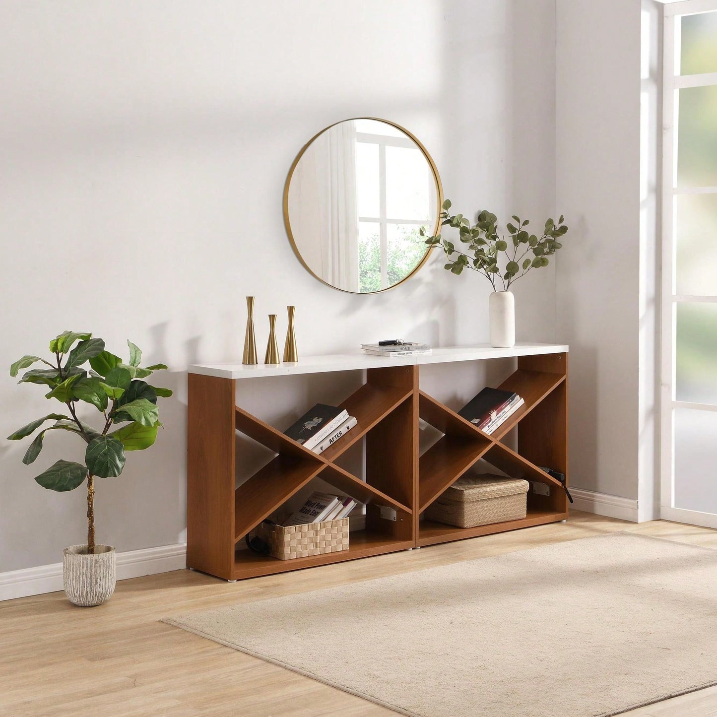 Extra Long X Shape Farmhouse Console Table With Storage For Entryway Living Room Foyer Hallway White 70.87 Inch