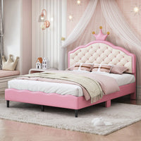 Elegant Pink And Cream Tufted Headboard Princess Bed In PU Leather For A Fantasy Bedroom