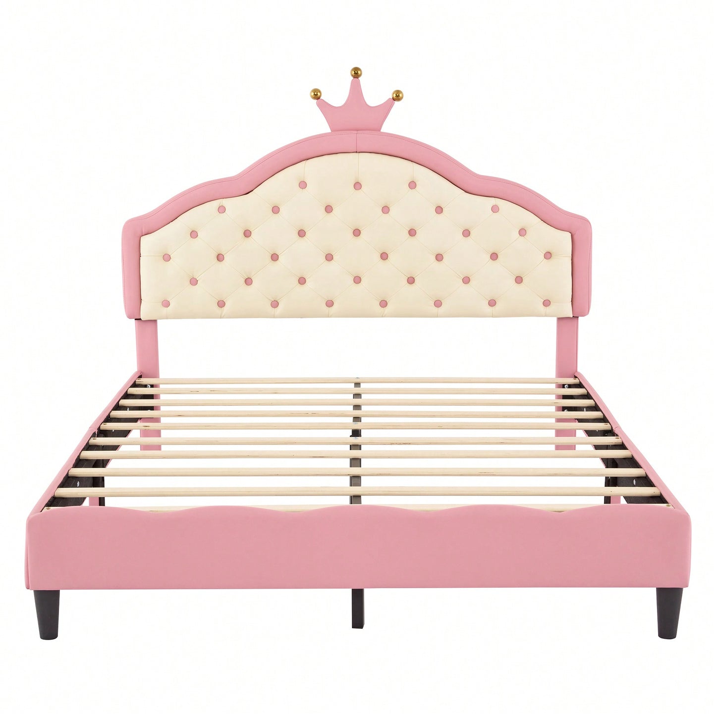 Elegant Pink And Cream Tufted Headboard Princess Bed In PU Leather For A Fantasy Bedroom