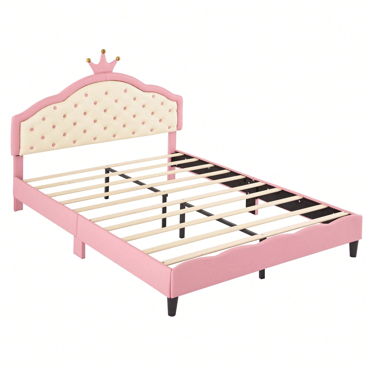 Elegant Pink And Cream Tufted Headboard Princess Bed In PU Leather For A Fantasy Bedroom