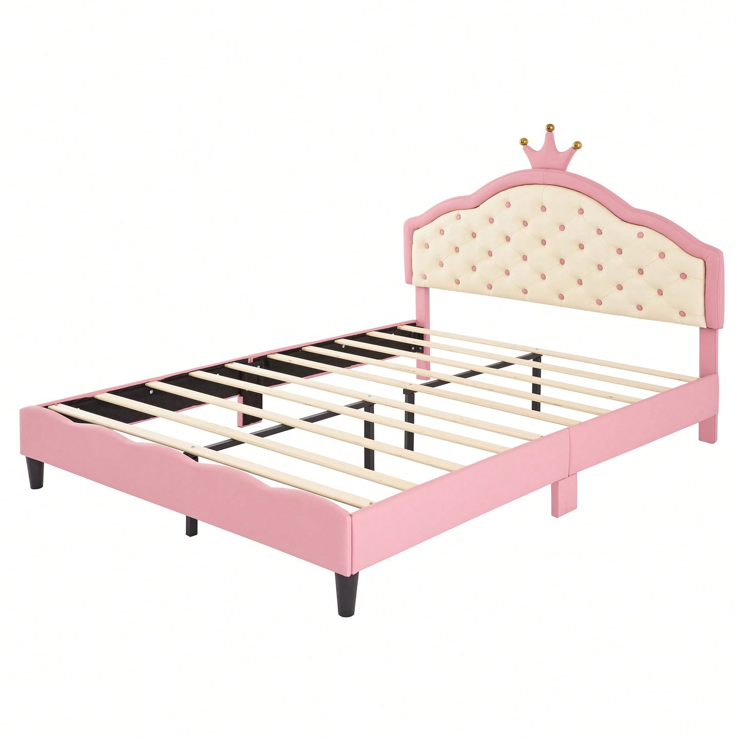 Elegant Pink And Cream Tufted Headboard Princess Bed In PU Leather For A Fantasy Bedroom