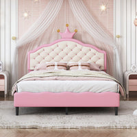 Elegant Pink And Cream Tufted Headboard Princess Bed In PU Leather For A Fantasy Bedroom