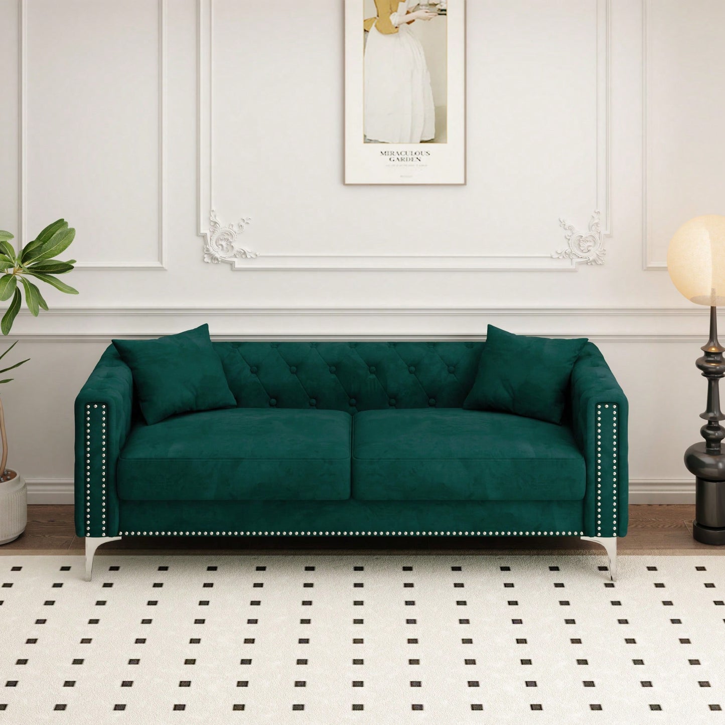 Elegant 83 Inch Green Velvet Triple Sofa With 2 Cozy Pillows Ideal For Small Living Spaces