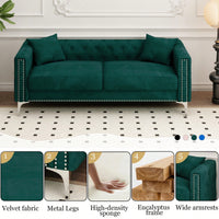 Elegant 83 Inch Green Velvet Triple Sofa With 2 Cozy Pillows Ideal For Small Living Spaces