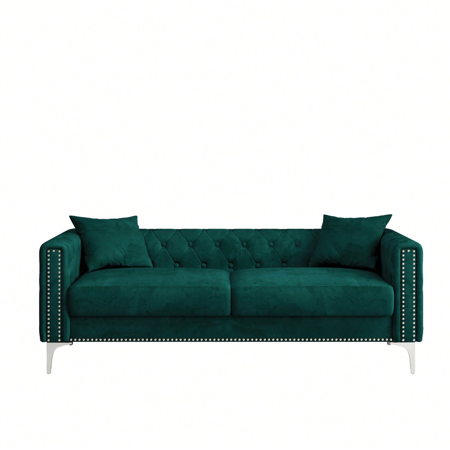 Elegant 83 Inch Green Velvet Triple Sofa With 2 Cozy Pillows Ideal For Small Living Spaces