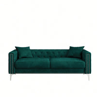 Elegant 83 Inch Green Velvet Triple Sofa With 2 Cozy Pillows Ideal For Small Living Spaces