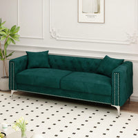 Elegant 83 Inch Green Velvet Triple Sofa With 2 Cozy Pillows Ideal For Small Living Spaces