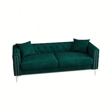 Elegant 83 Inch Green Velvet Triple Sofa With 2 Cozy Pillows Ideal For Small Living Spaces