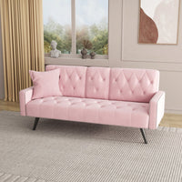 Elegant Pink Velvet Sofa Bed With Nail Head Trim And Cup Holders For Small Spaces 72 Inches