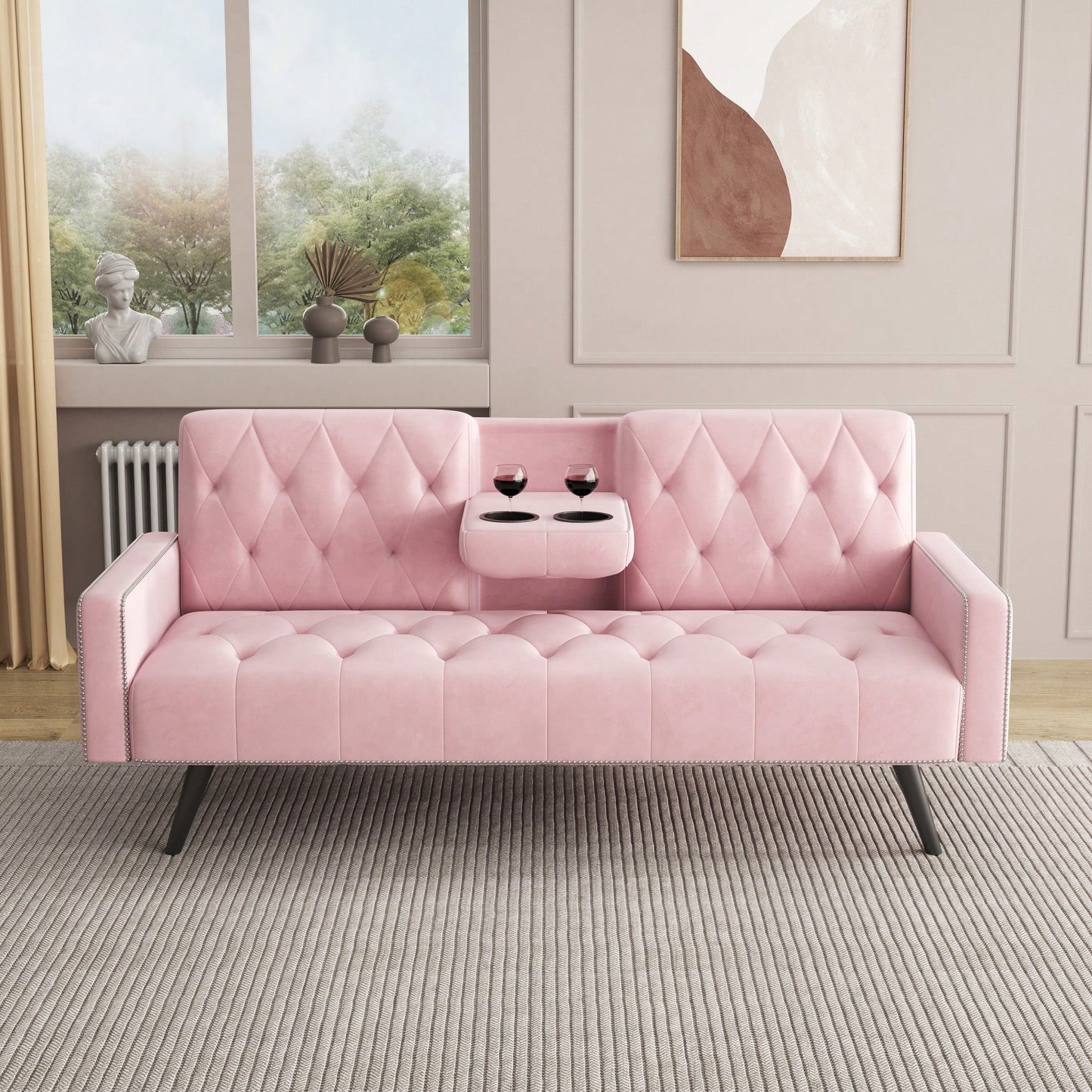 Elegant Pink Velvet Sofa Bed With Nail Head Trim And Cup Holders For Small Spaces 72 Inches