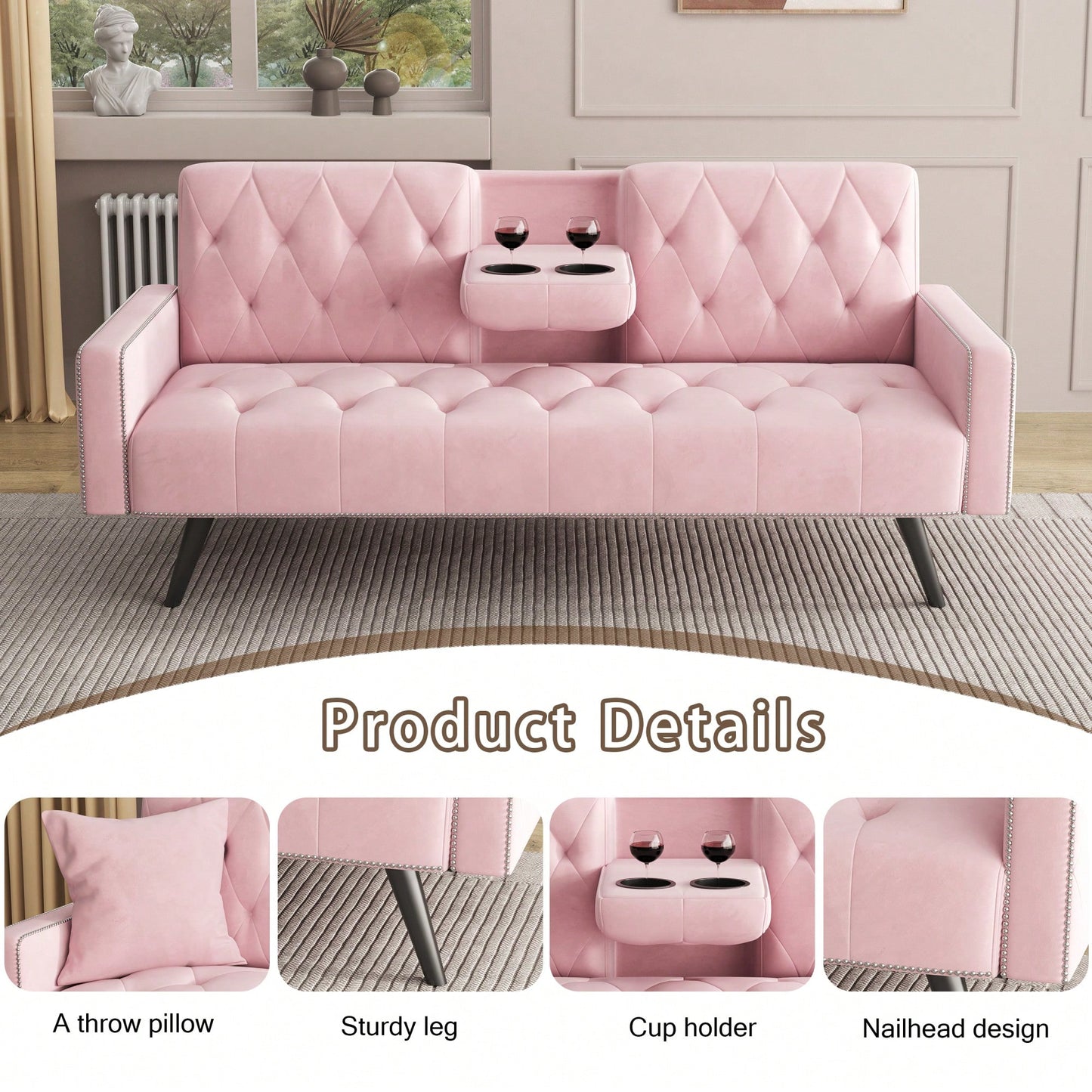 Elegant Pink Velvet Sofa Bed With Nail Head Trim And Cup Holders For Small Spaces 72 Inches