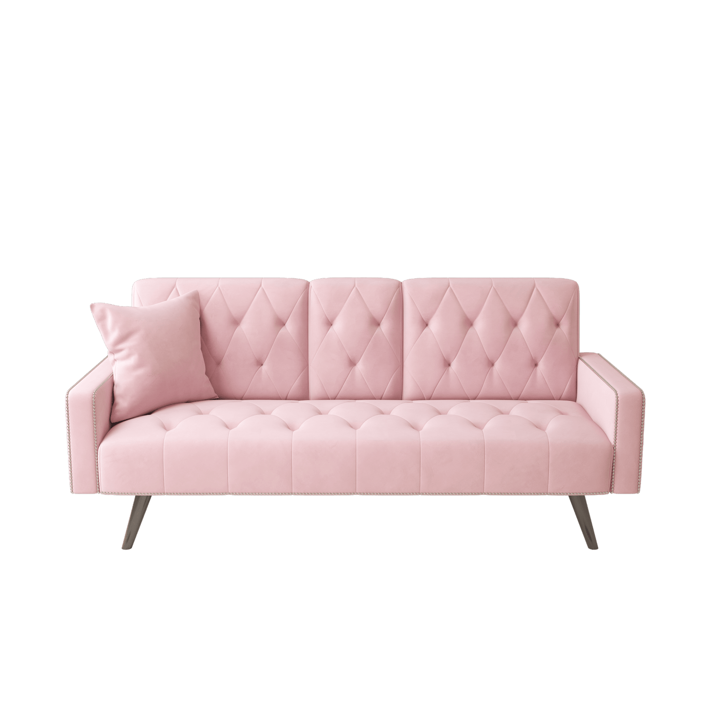 Elegant Pink Velvet Sofa Bed With Nail Head Trim And Cup Holders For Small Spaces 72 Inches