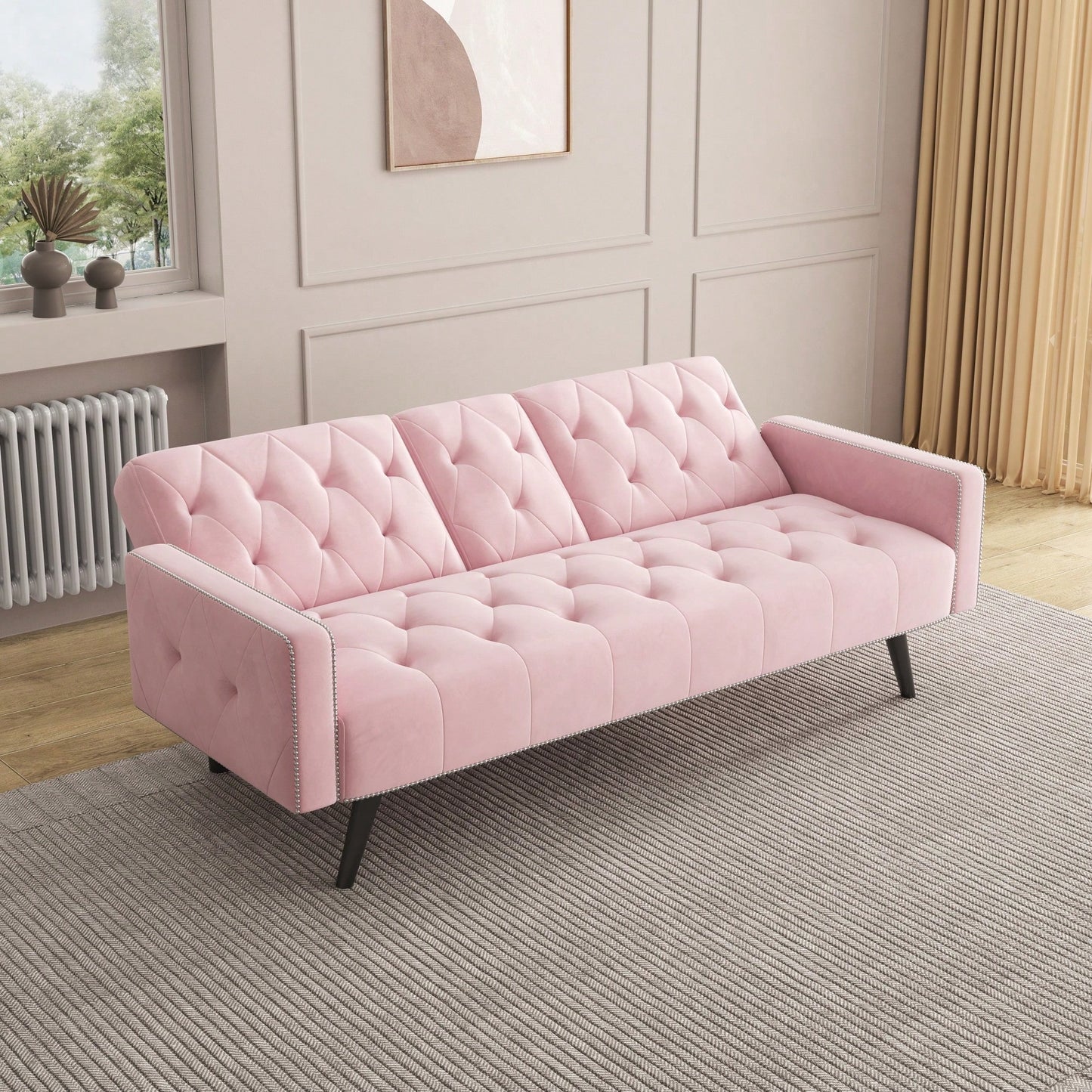 Elegant Pink Velvet Sofa Bed With Nail Head Trim And Cup Holders For Small Spaces 72 Inches