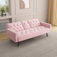 Elegant Pink Velvet Sofa Bed With Nail Head Trim And Cup Holders For Small Spaces 72 Inches