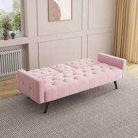 Elegant Pink Velvet Sofa Bed With Nail Head Trim And Cup Holders For Small Spaces 72 Inches