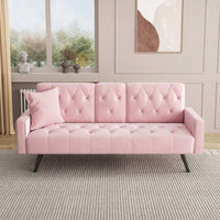 Elegant Pink Velvet Sofa Bed With Nail Head Trim And Cup Holders For Small Spaces 72 Inches