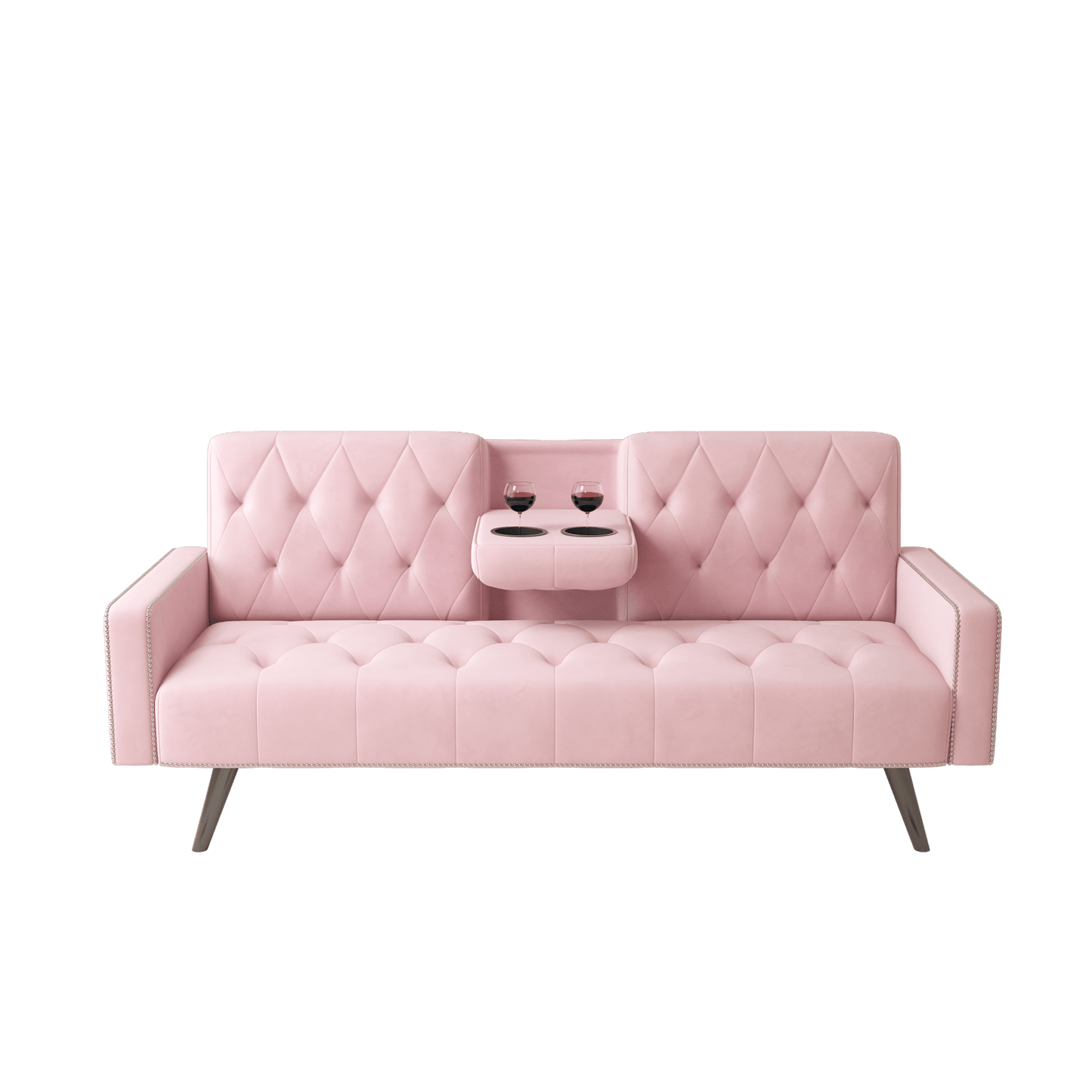 Elegant Pink Velvet Sofa Bed With Nail Head Trim And Cup Holders For Small Spaces 72 Inches