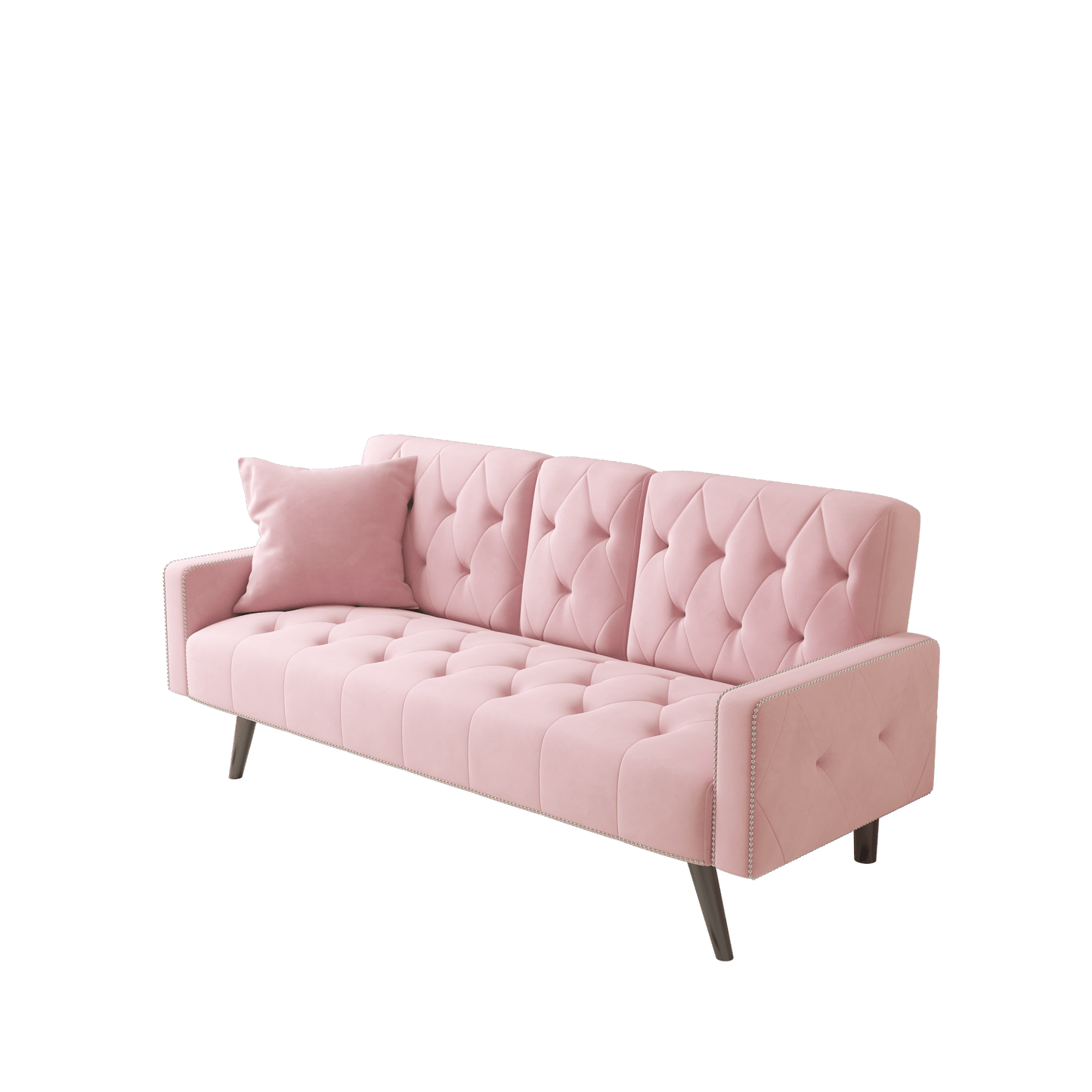 Elegant Pink Velvet Sofa Bed With Nail Head Trim And Cup Holders For Small Spaces 72 Inches