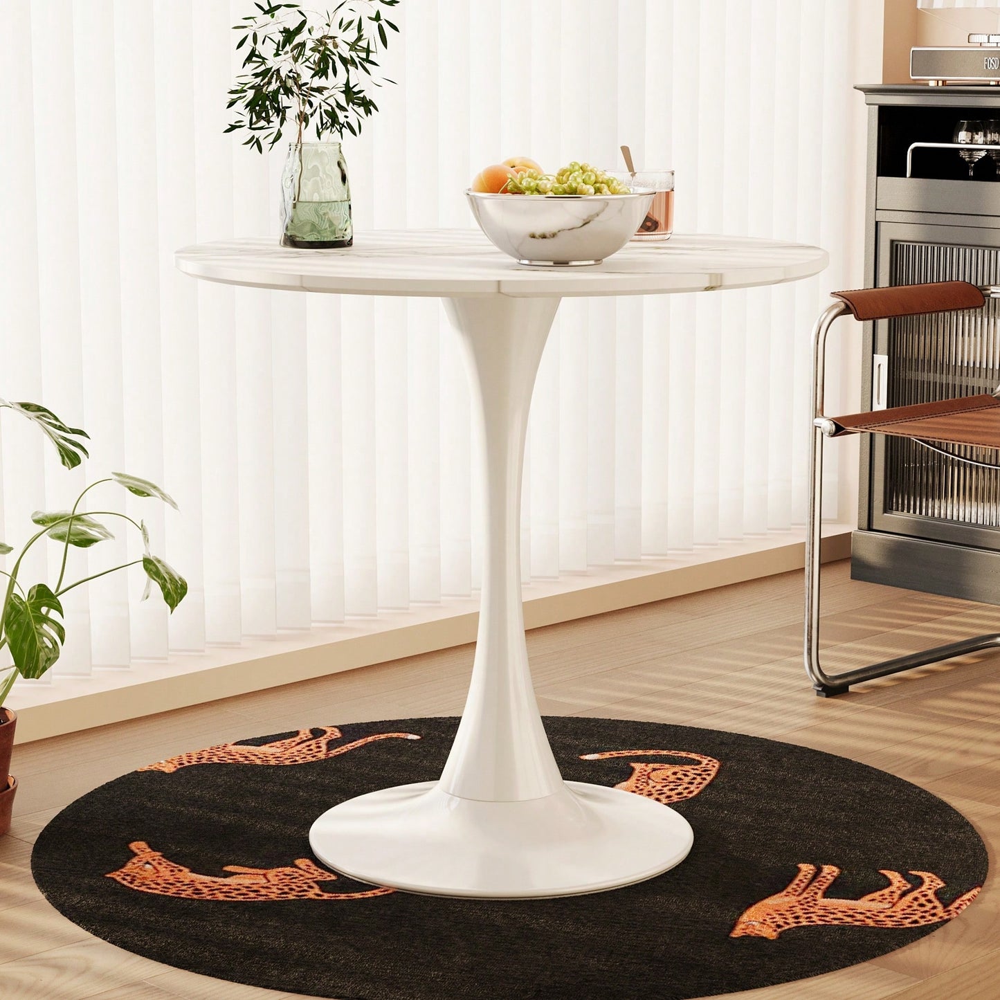 31.4 Round White Marble Patterned Tulip Dining Table For 2-3 With Metal Base Easy Assembly Casual Coffee Table And Office Desk