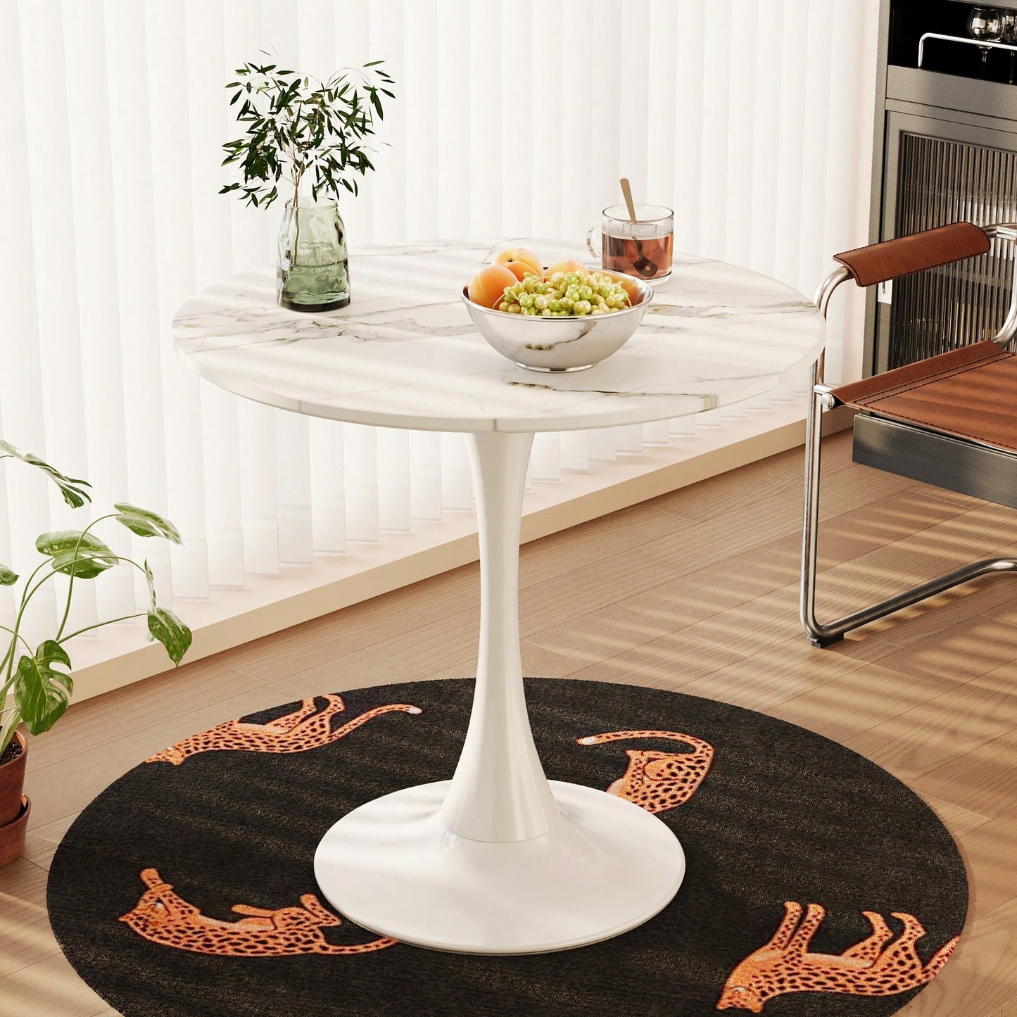 31.4 Round White Marble Patterned Tulip Dining Table For 2-3 With Metal Base Easy Assembly Casual Coffee Table And Office Desk