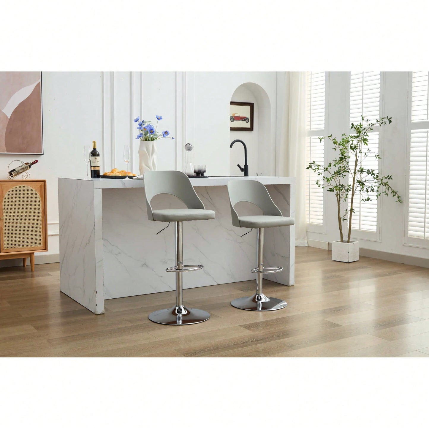 Modern Grey PU Adjustable Bar Stools Set Of 2 With High Padded Swivel Back For Kitchen Island And Bar Counter