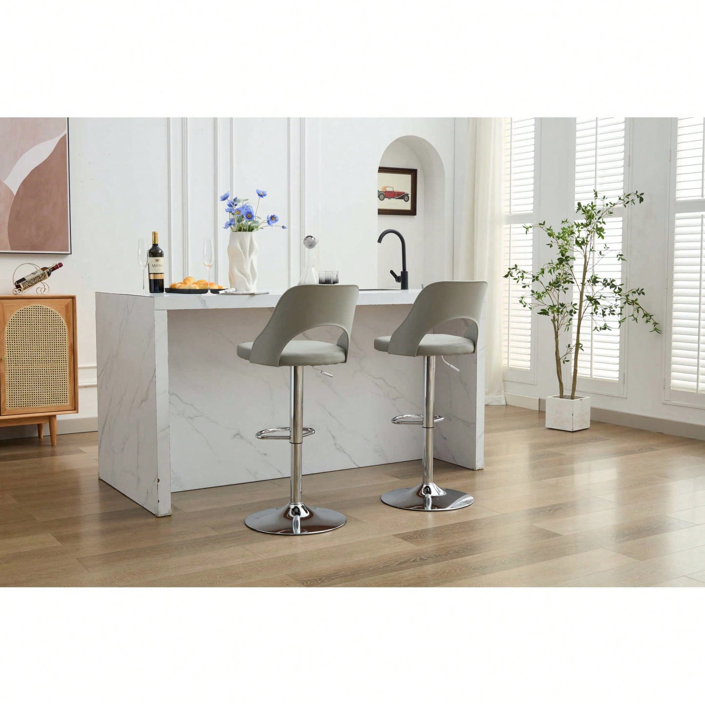 Modern Grey PU Adjustable Bar Stools Set Of 2 With High Padded Swivel Back For Kitchen Island And Bar Counter