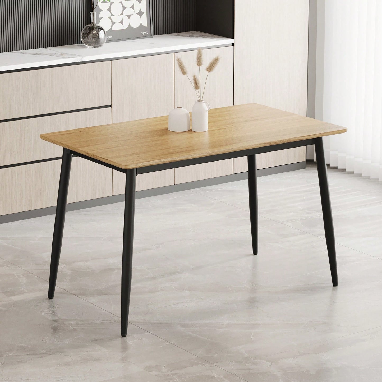 Stylish Modern Minimalist Wood Grain Dining Table With Black Metal Legs For 4-6 People Easy Assembly