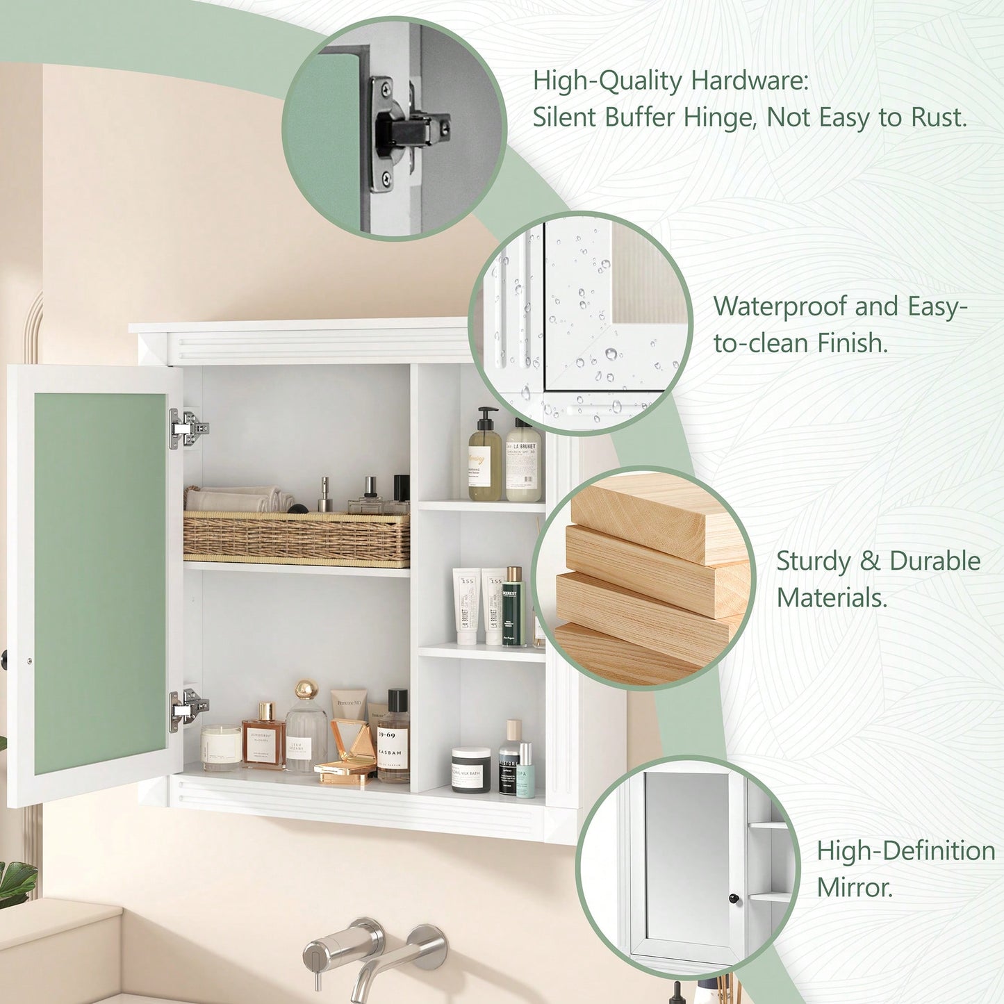 Wall Mounted Bathroom Mirror Cabinet With Storage Organizer And Over The Toilet Shelves In White