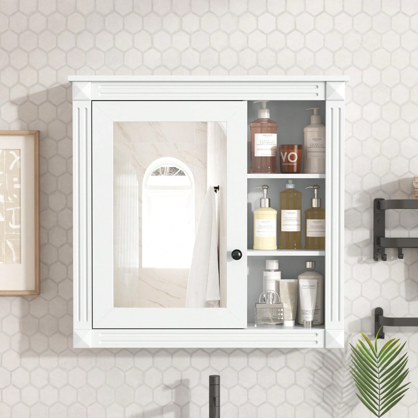 Wall Mounted Bathroom Mirror Cabinet With Storage Organizer And Over The Toilet Shelves In White