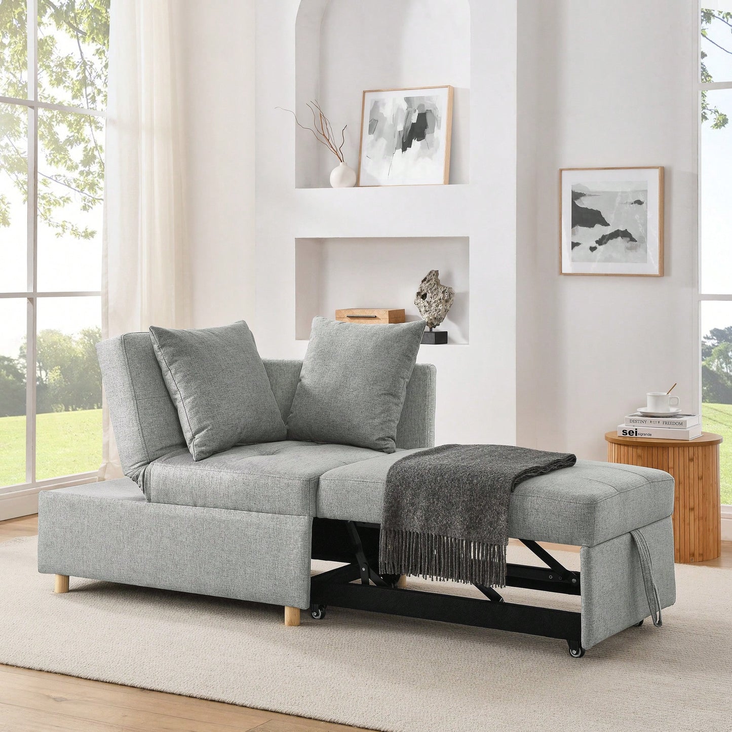 Convertible Sleeper Sofa Chair With Adjustable Backrest And Pullout Bed For Small Spaces Grey Linen Fabric