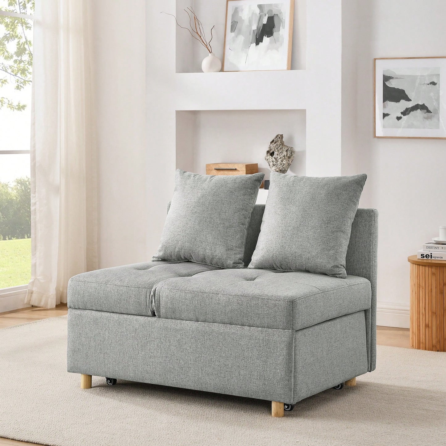 Convertible Sleeper Sofa Chair With Adjustable Backrest And Pullout Bed For Small Spaces Grey Linen Fabric