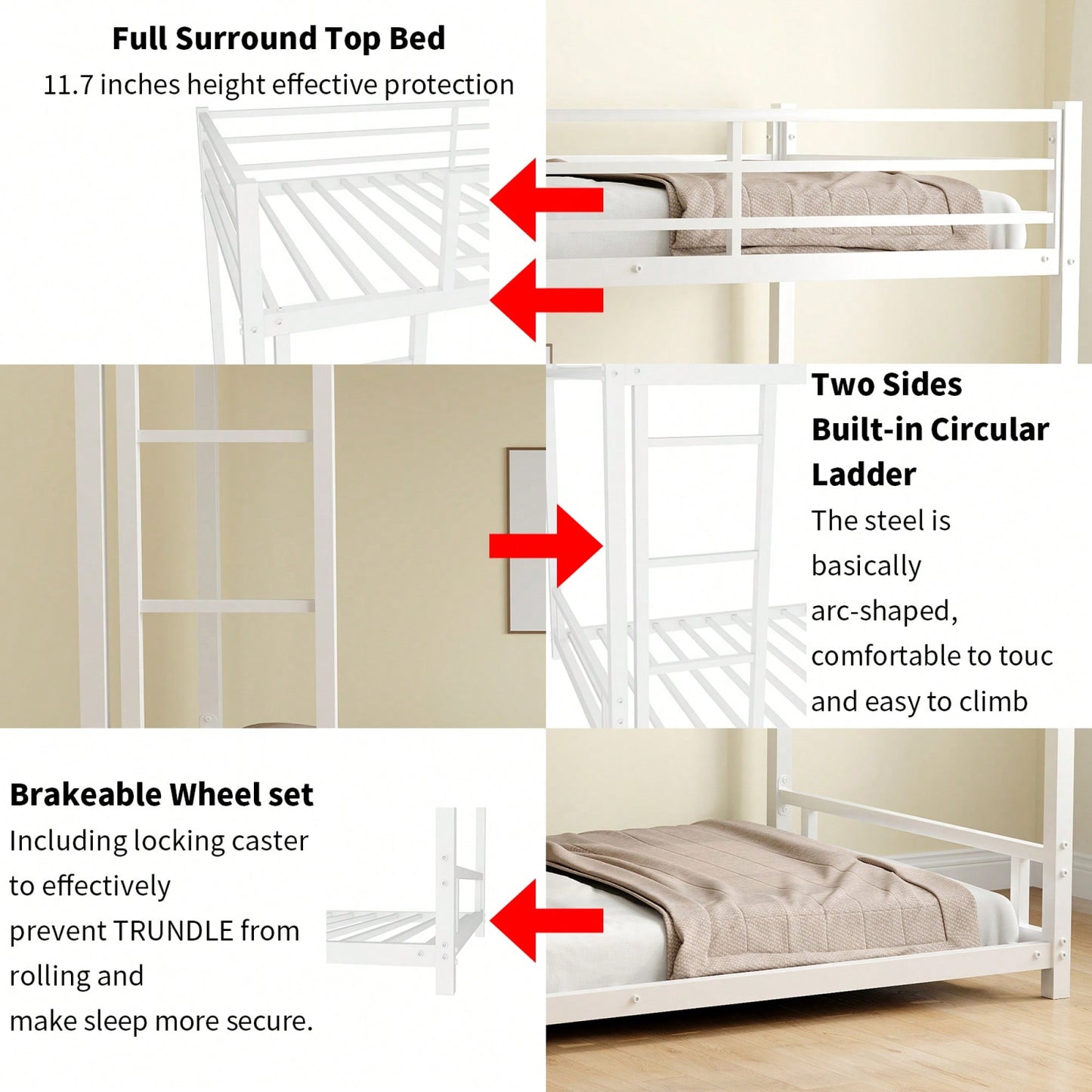 Heavy-Duty Twin Over Twin Metal Bunk Bed With Safety Guardrails And Noise Reduction, No Box Spring Required, Black Finish