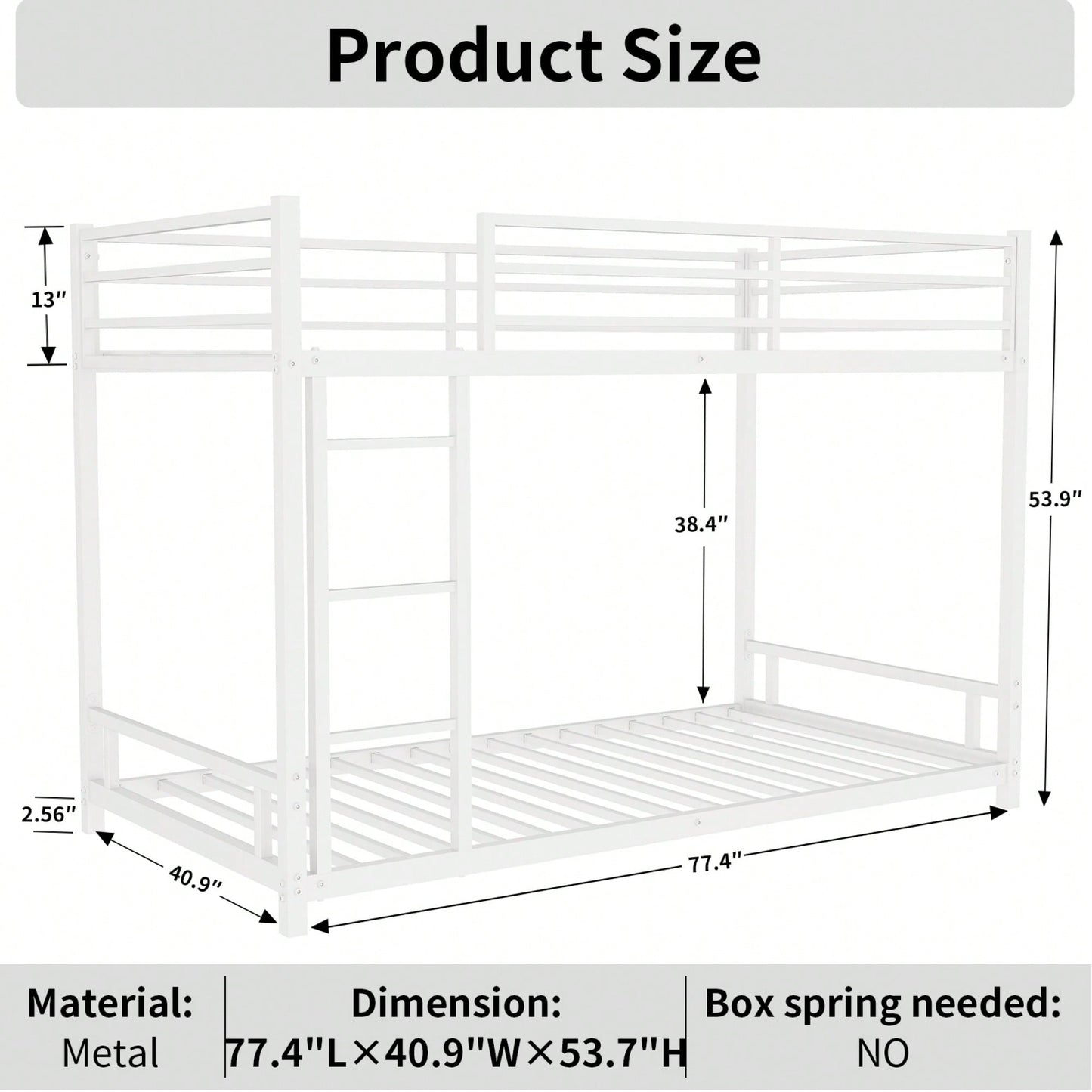 Heavy-Duty Twin Over Twin Metal Bunk Bed With Safety Guardrails And Noise Reduction, No Box Spring Required, Black Finish