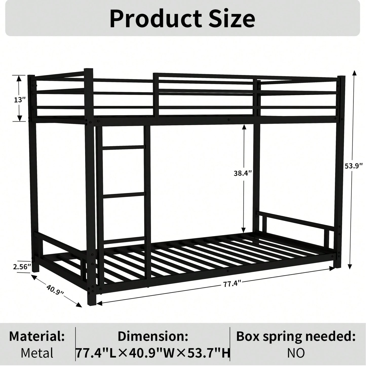 Heavy-Duty Twin Over Twin Metal Bunk Bed With Safety Guardrails And Noise Reduction, No Box Spring Required, Black Finish