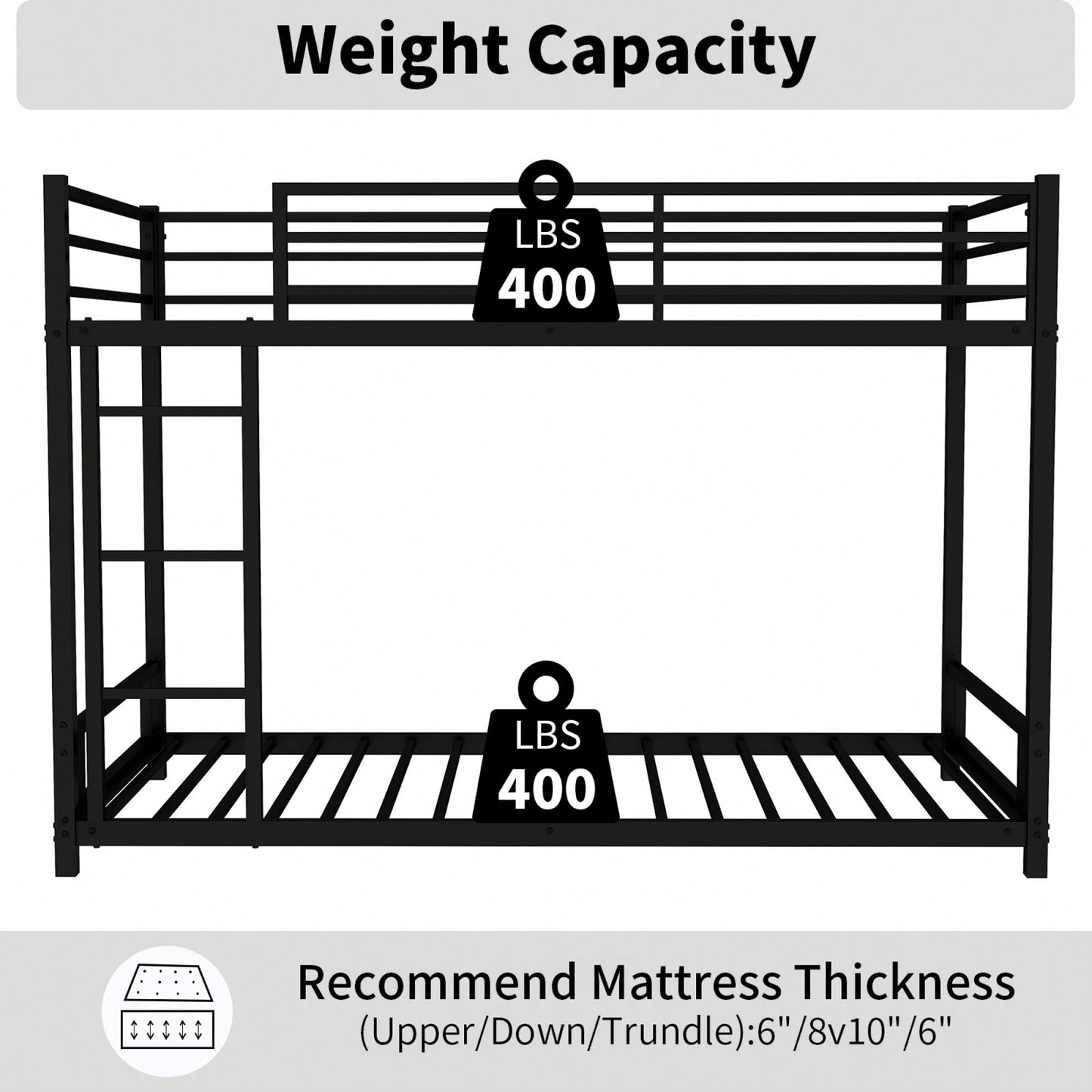 Heavy-Duty Twin Over Twin Metal Bunk Bed With Safety Guardrails And Noise Reduction, No Box Spring Required, Black Finish