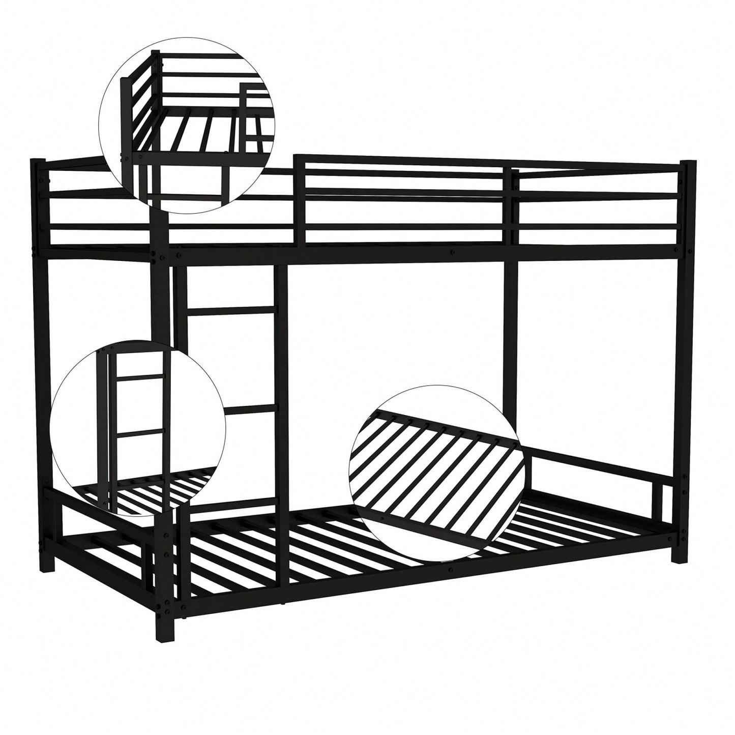 Heavy-Duty Twin Over Twin Metal Bunk Bed With Safety Guardrails And Noise Reduction, No Box Spring Required, Black Finish