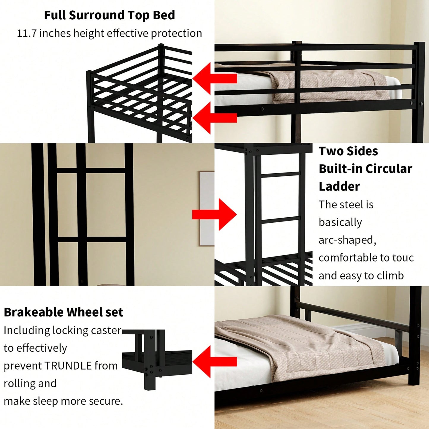 Heavy-Duty Twin Over Twin Metal Bunk Bed With Safety Guardrails And Noise Reduction, No Box Spring Required, Black Finish