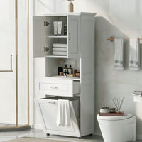 Tall Bathroom Cabinet With Tilt-Out Laundry Hamper And Ample Storage Space In White