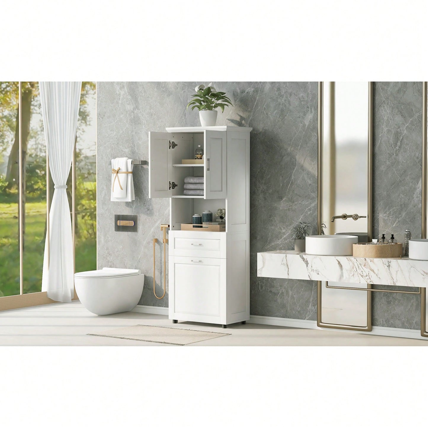 Tall Bathroom Cabinet With Tilt-Out Laundry Hamper And Ample Storage Space In White