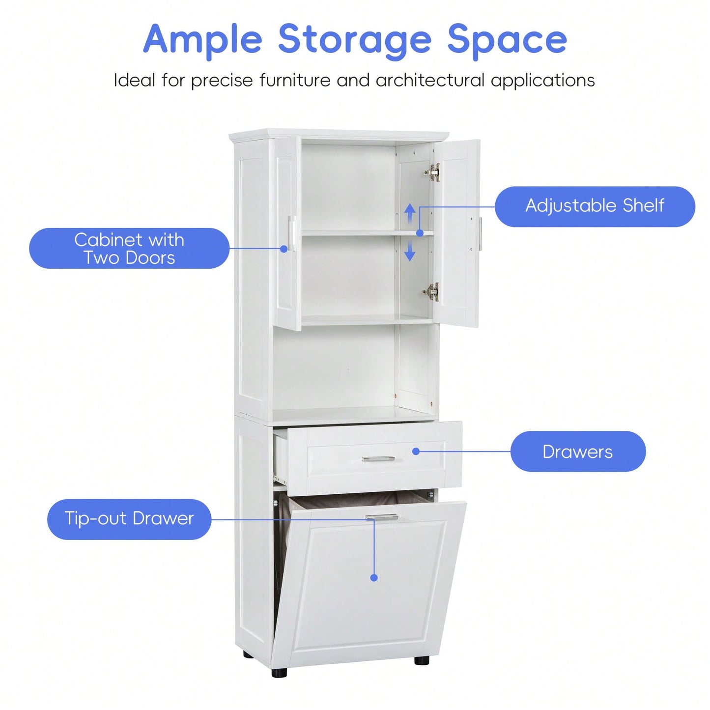 Tall Bathroom Cabinet With Tilt-Out Laundry Hamper And Ample Storage Space In White