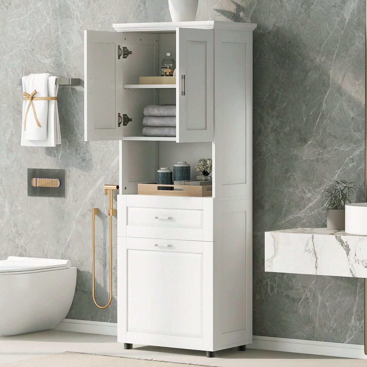 Tall Bathroom Cabinet With Tilt-Out Laundry Hamper And Ample Storage Space In White