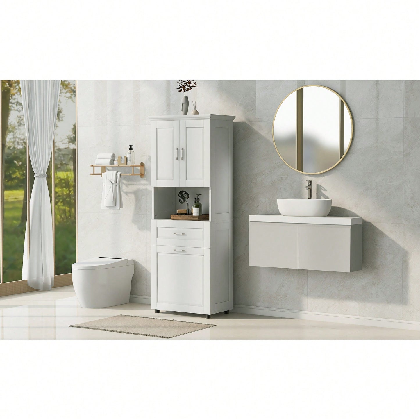 Tall Bathroom Cabinet With Tilt-Out Laundry Hamper And Ample Storage Space In White