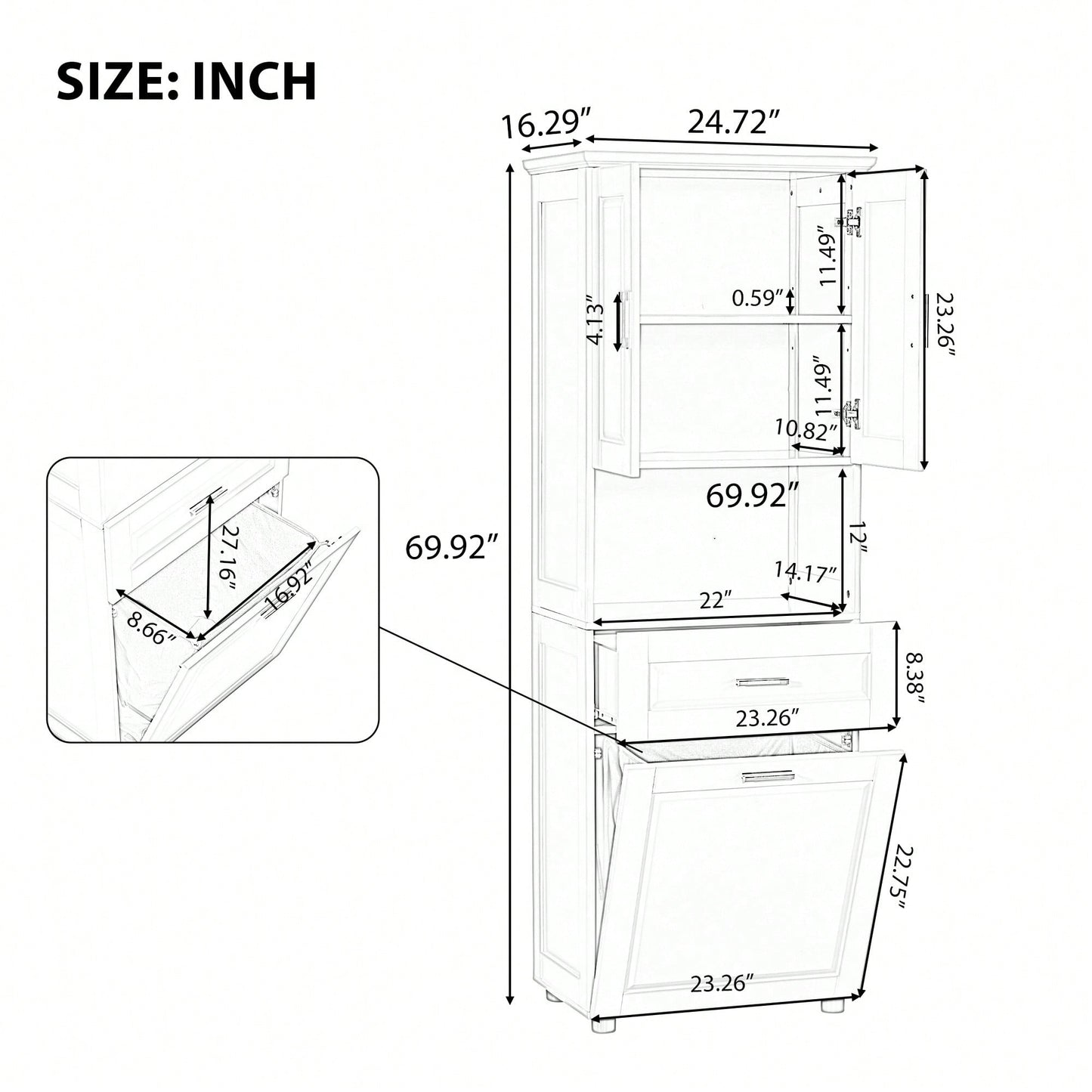 Tall Bathroom Cabinet With Tilt-Out Laundry Hamper And Ample Storage Space In White