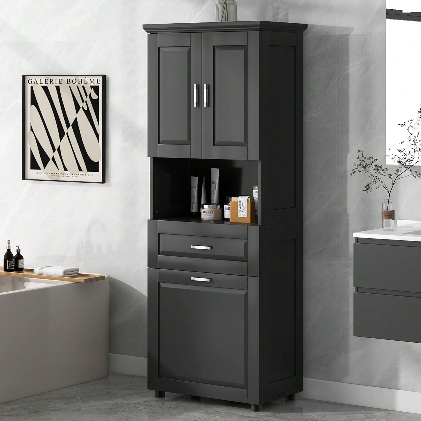 Tall Bathroom Cabinet With Tilt-Out Laundry Hamper And Ample Storage Space In White