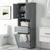 Tall Bathroom Cabinet With Tilt-Out Laundry Hamper And Ample Storage Space In White