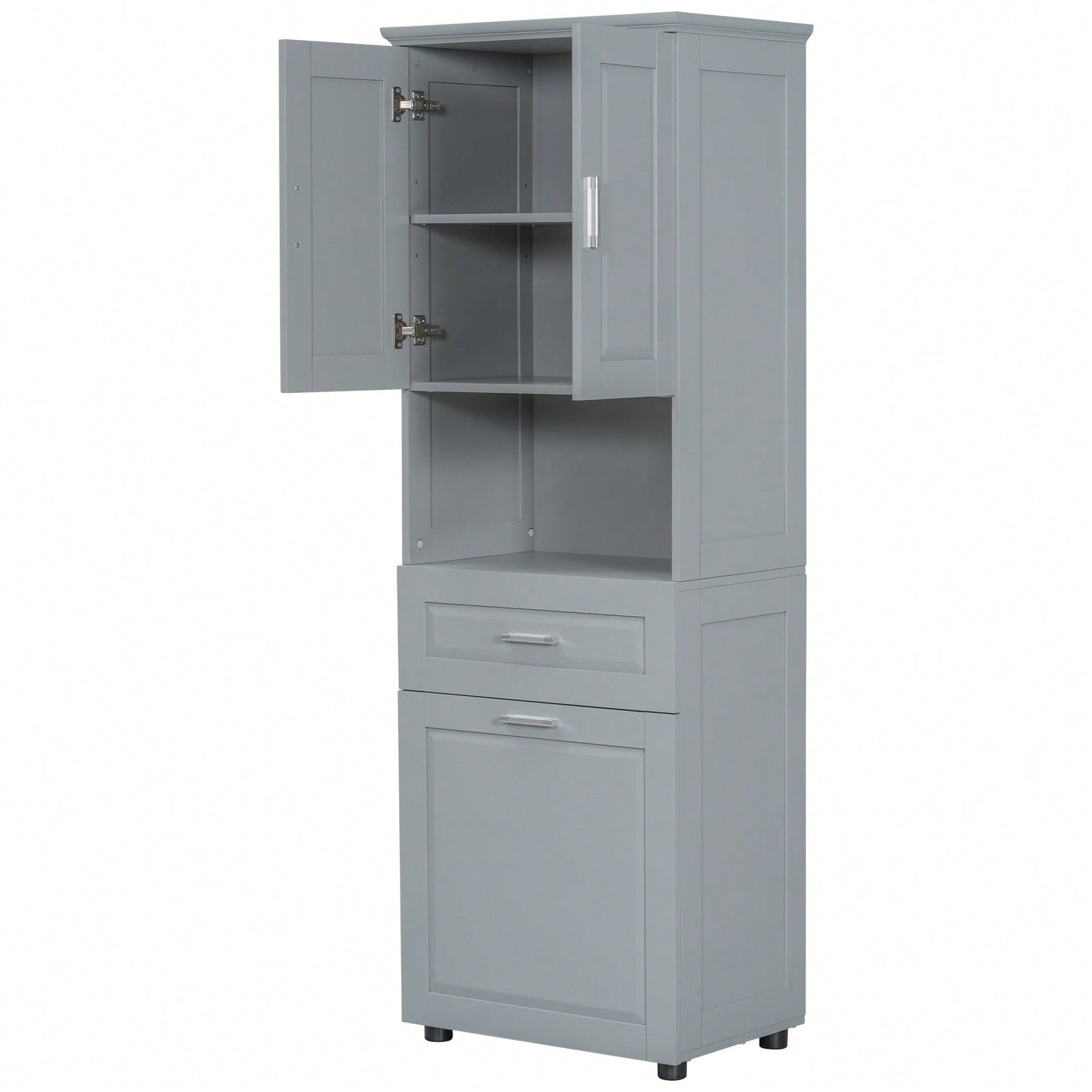 Tall Bathroom Cabinet With Tilt-Out Laundry Hamper And Ample Storage Space In White