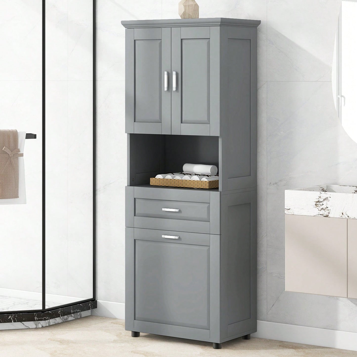 Tall Bathroom Cabinet With Tilt-Out Laundry Hamper And Ample Storage Space In White