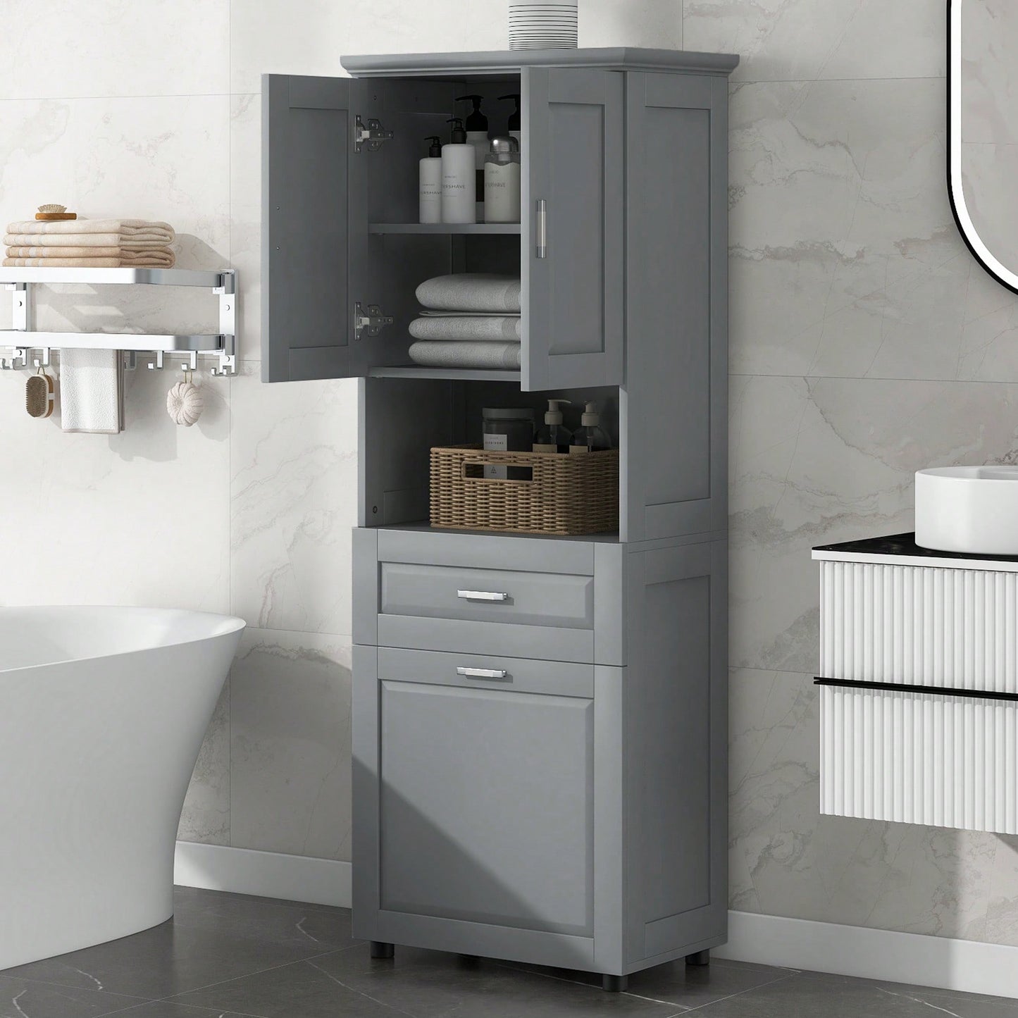 Tall Bathroom Cabinet With Tilt-Out Laundry Hamper And Ample Storage Space In White